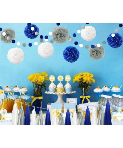 26pcs Royal Blue Gray White Baby Shower Birthday Wedding Tissue Paper Pom Pom Party Decoration Kit - 12" 10" 8 - Blue Grey Wh...