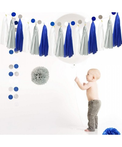 26pcs Royal Blue Gray White Baby Shower Birthday Wedding Tissue Paper Pom Pom Party Decoration Kit - 12" 10" 8 - Blue Grey Wh...