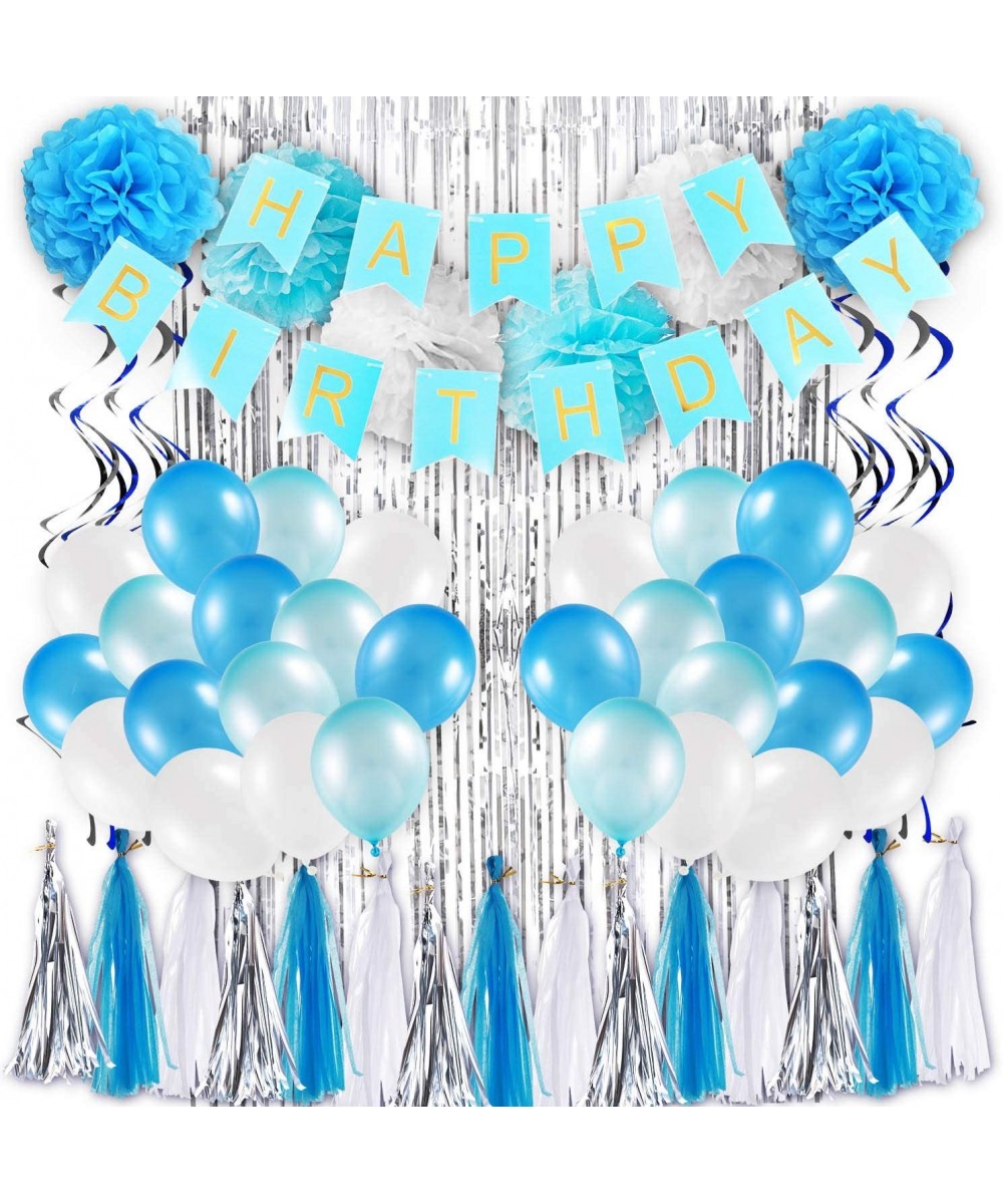 Blue Silver Birthday Decorations & Birthday Party Supplies-Happy Birthday Banners-Pom Poms Flowers-Tissue Paper Tassels-Latex...