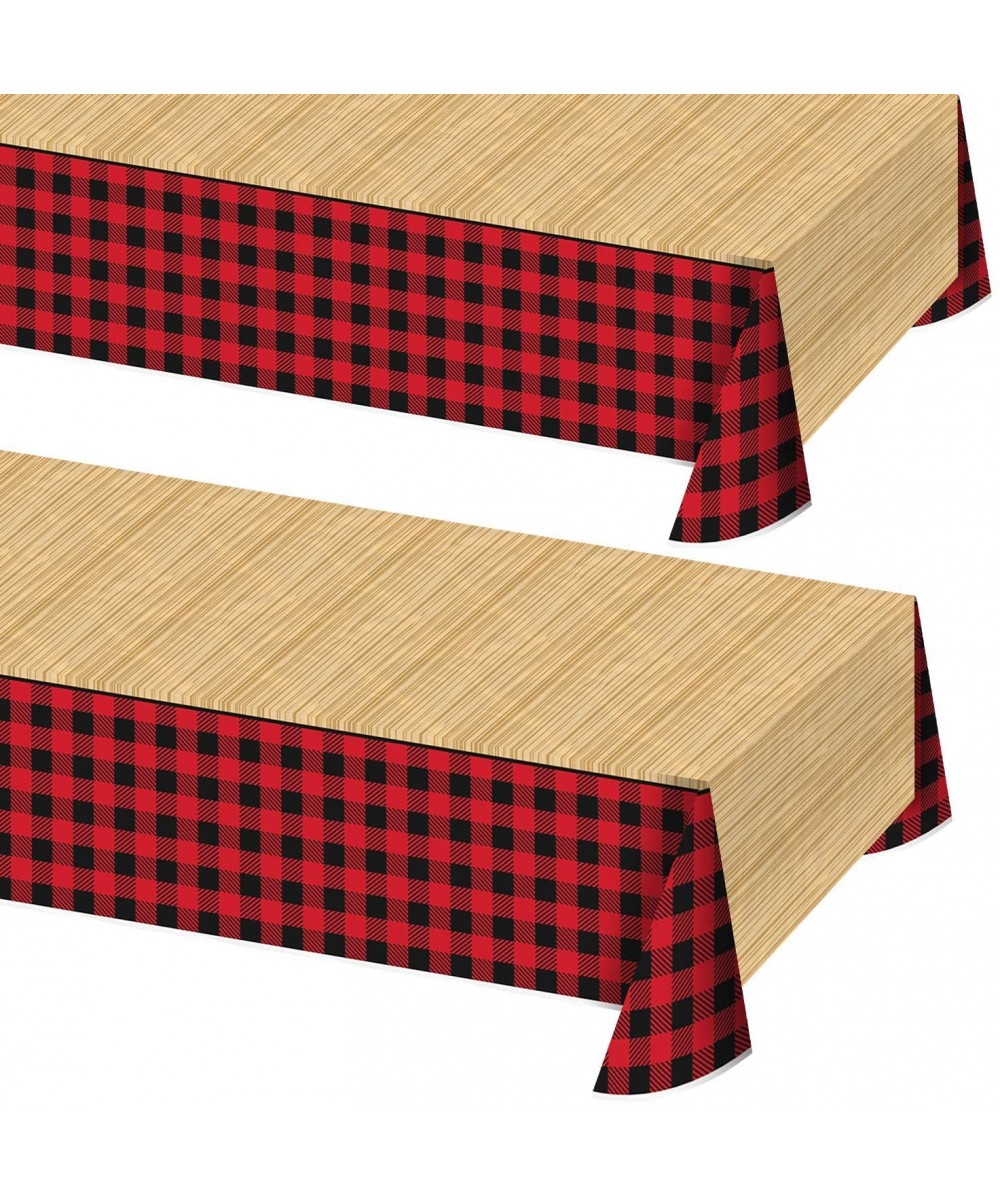 Lumberjack Party Supplies - Red and Black Buffalo Plaid & Wood Plastic Table Cover- 54" x 84" (2 Pack) - Red and Black Buffal...