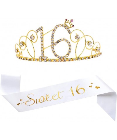 16th Birthday Tiara and Sash- Glitter Satin Sash"Sweet 16" and Gold Crystal Rhinestone Birthday Crown for Happy 16th Birthday...