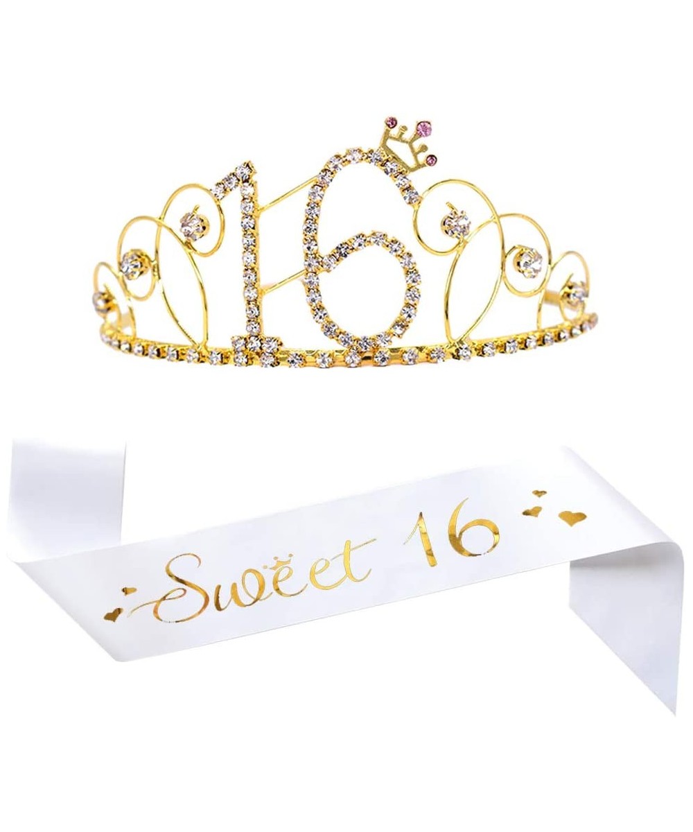 16th Birthday Tiara and Sash- Glitter Satin Sash"Sweet 16" and Gold Crystal Rhinestone Birthday Crown for Happy 16th Birthday...