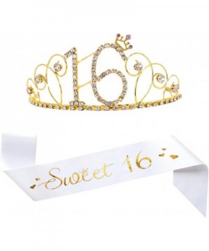 16th Birthday Tiara and Sash- Glitter Satin Sash"Sweet 16" and Gold Crystal Rhinestone Birthday Crown for Happy 16th Birthday...