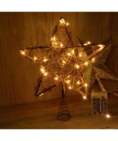 Christmas Star Tree Topper with 30 LED Warm White Copper Lights- Vintage Rattan Natural Christmas Decorations for Christmas T...