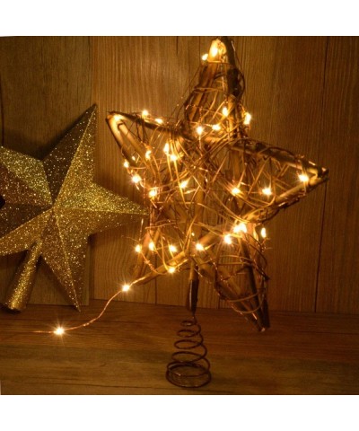 Christmas Star Tree Topper with 30 LED Warm White Copper Lights- Vintage Rattan Natural Christmas Decorations for Christmas T...