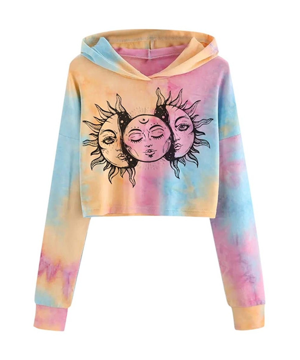 Women Teen Girls Crop Sweatshirt Patchwork Tie Dye Long Sleeve Crop Top Hooded Sweatshirt Jumper Pullover Tops Hoodies - Tie ...