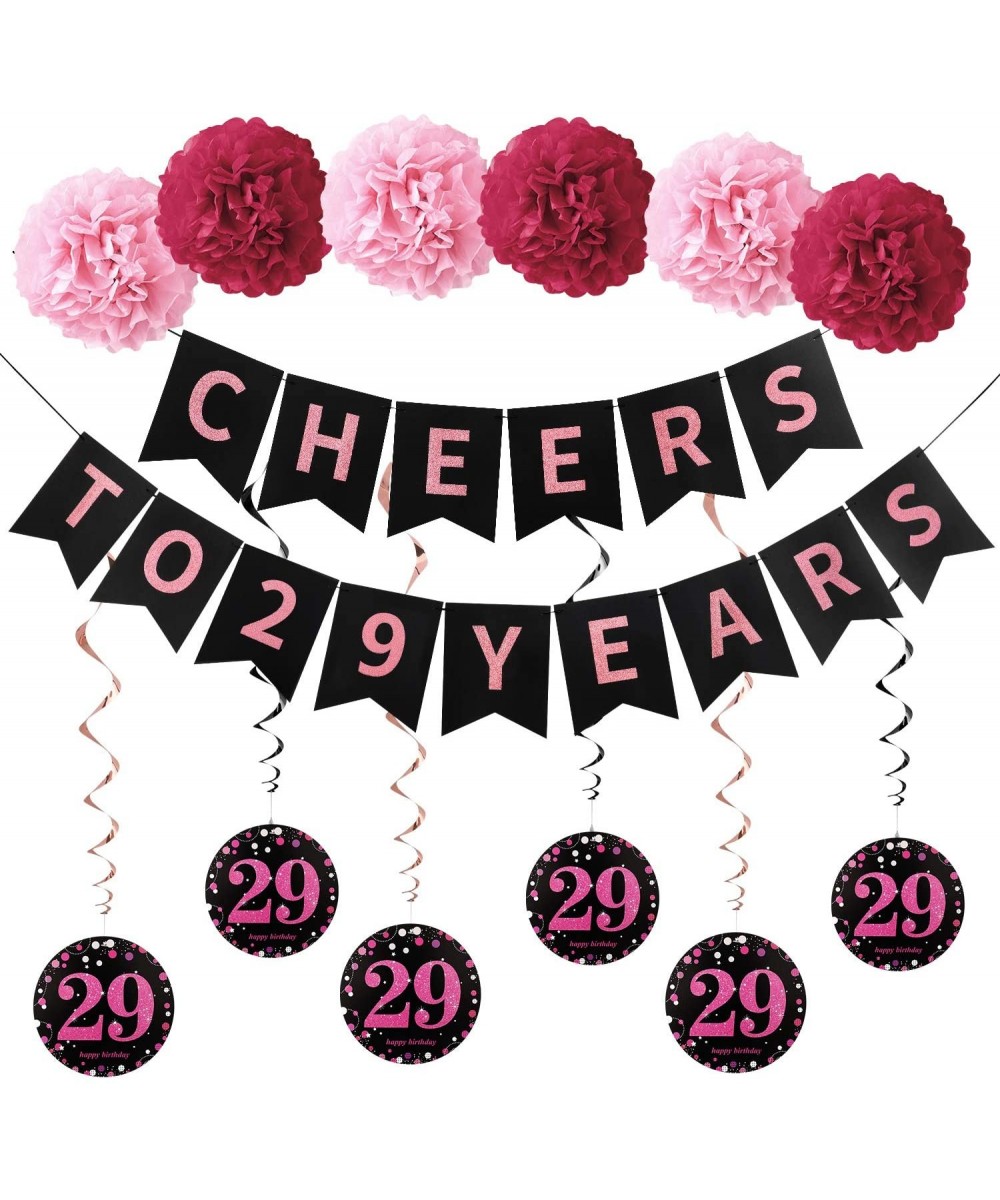 29th Birthday Decorations for Women - Rose Glitter Cheers to 29 Years Banner- 6 Sparking Hanging Swirls- 6 Poms - Happy 29 Ye...