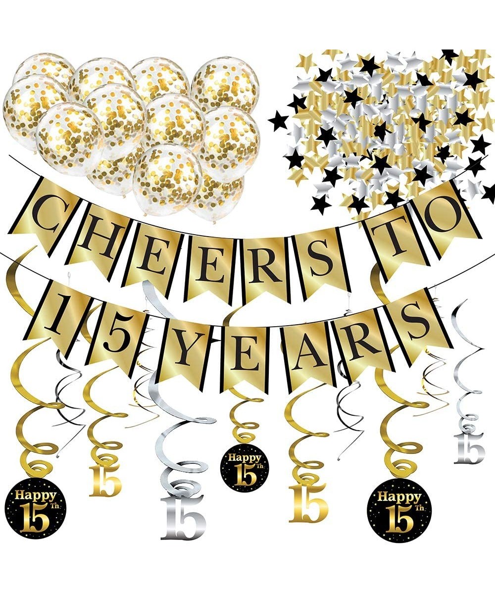 15th Birthday and Anniversary Decorations Party Pack - Cheers to 15 Years Banner- Balloons- Swirls and Confetti Party Supplie...