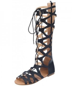 Sandals for Women Platform-Gladiator Sandals Flat Summer Beach Sandals Strappy Lace Up Open Toe Knee High Flat Sandal - Z1-bl...