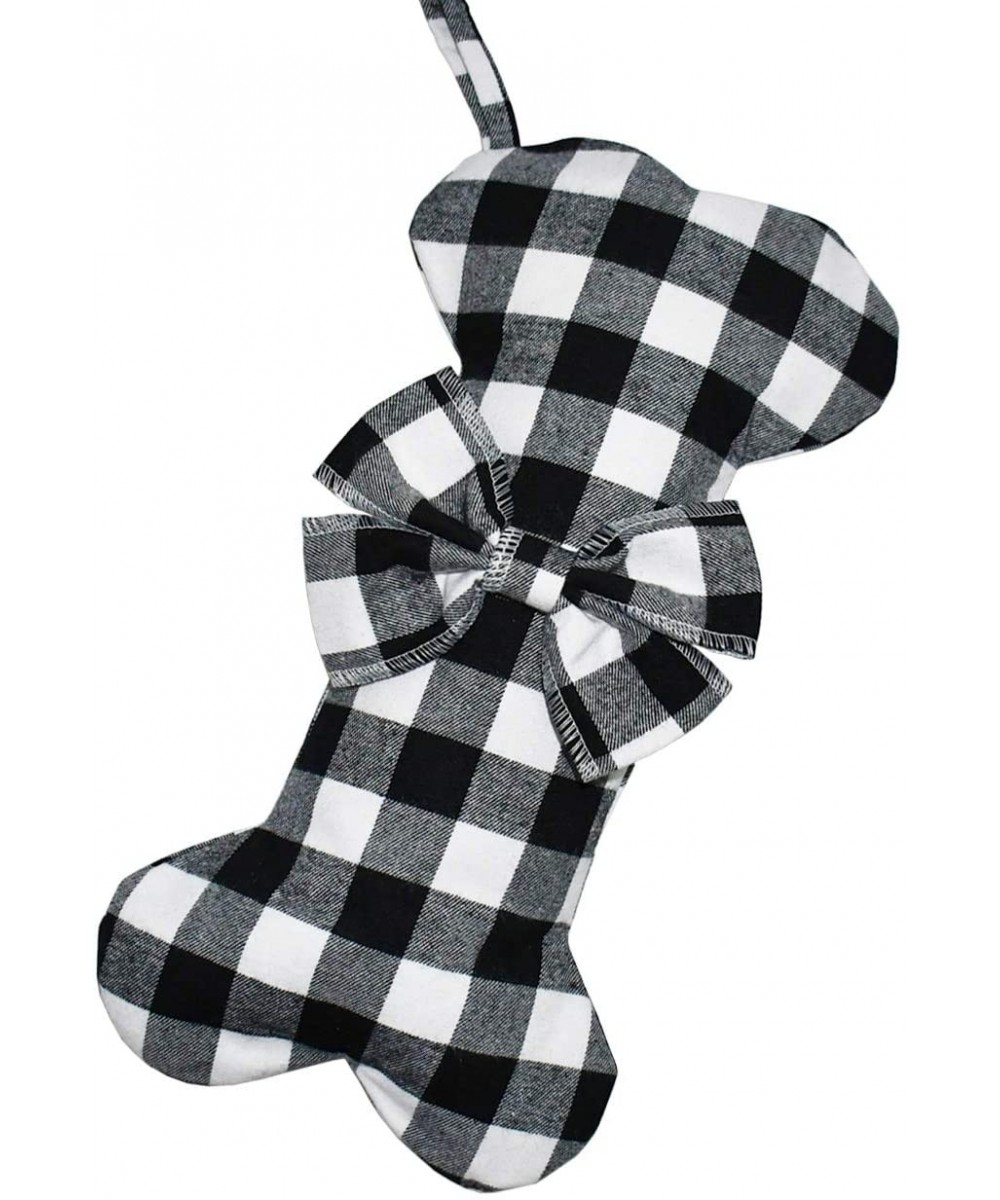 Pet Dog Christmas Stockings Classic Buffalo Black White Plaid Large Bone Shape Hanging Christmas Stocking for Dogs Pets - Bla...