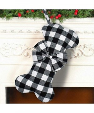 Pet Dog Christmas Stockings Classic Buffalo Black White Plaid Large Bone Shape Hanging Christmas Stocking for Dogs Pets - Bla...