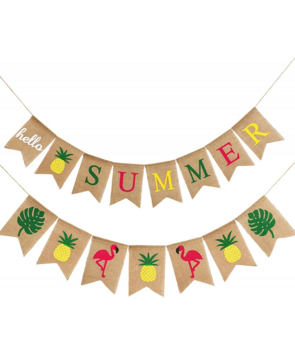 2 Pieces Hello Summer Banner Flamingo Pineapple Palm Leaves Banner Rustic Garland Decorations for Hawaiian Summer Party (Colo...