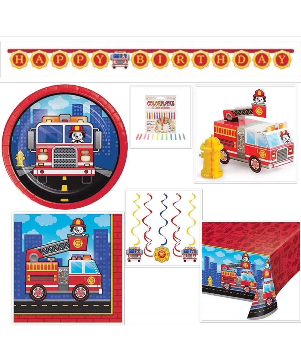 Firefighter Birthday Party Bundle Includes Happy Birthday Banner- Candles- Table Cover- Banner- Dizzy Danglers- 16 Dessert Pl...