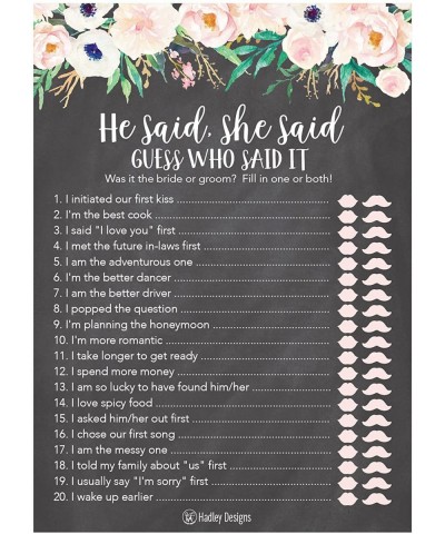 25 Rustic Wedding Bridal Shower Engagement Bachelorette Anniversary Party Game Ideas- Chalk Floral He Said She Said Cards For...