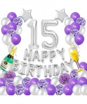 Happy 15TH Birthday Party Decorations Pack-Purple Silver Theme Happy Birthday Banner Foil Number 15 12inch Purple Confetti Ba...