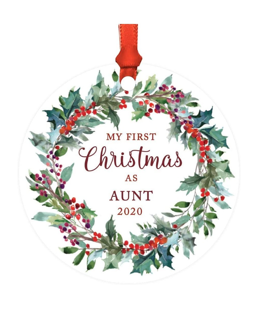 Custom Year Family Metal Christmas Ornament- My First Christmas As Aunt 2020- Red Holiday Wreath- 1-Pack- Includes Ribbon and...