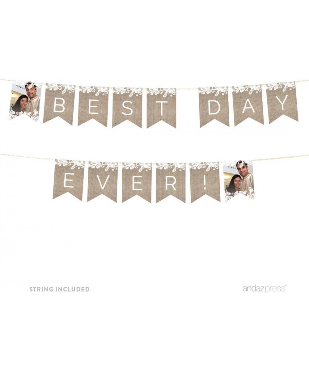 Burlap Lace Wedding Collection- Photo Personalized Hanging Pennant Party Banner with String- Best Day Ever- 6-Feet- 1 Set- Cu...