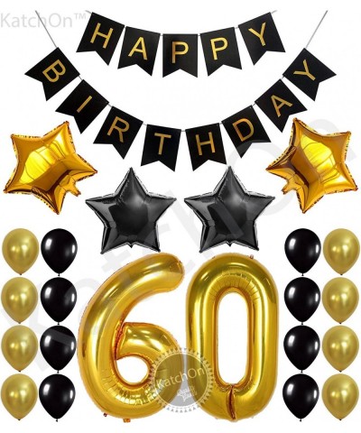 Gold 60 Birthday Decorations Set - Large- 40 Inch - Black- Gold Happy Birthday Banner with Mylar Star Balloons - 60 Balloon N...