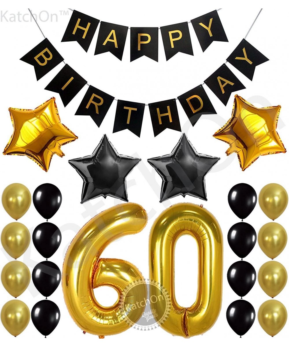 Gold 60 Birthday Decorations Set - Large- 40 Inch - Black- Gold Happy Birthday Banner with Mylar Star Balloons - 60 Balloon N...