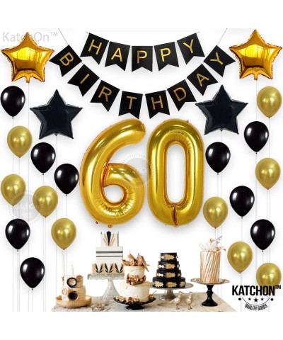 Gold 60 Birthday Decorations Set - Large- 40 Inch - Black- Gold Happy Birthday Banner with Mylar Star Balloons - 60 Balloon N...