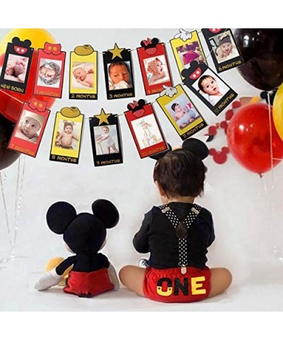 Mickey Mouse Photo Banner 1st Birthday Party Supplies Set Baby Photograph with ONE Bunting Garland Newborn to 12 Months- Mont...