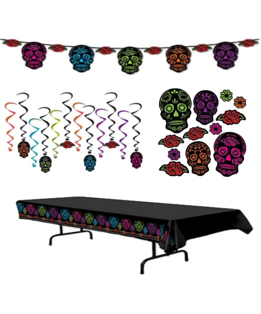 Sugar Skull Themed Day of The Dead Party Decorations Pack - Bundle Includes a Table Cover- Hanging Whirls- Cutouts- and a Str...