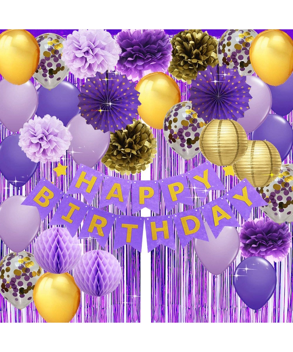 Purple Gold Birthday Decorations for Women Happy Birthday Banner Purple Gold Confetti Balloons Polka Dot Paper Fans Purple Fo...