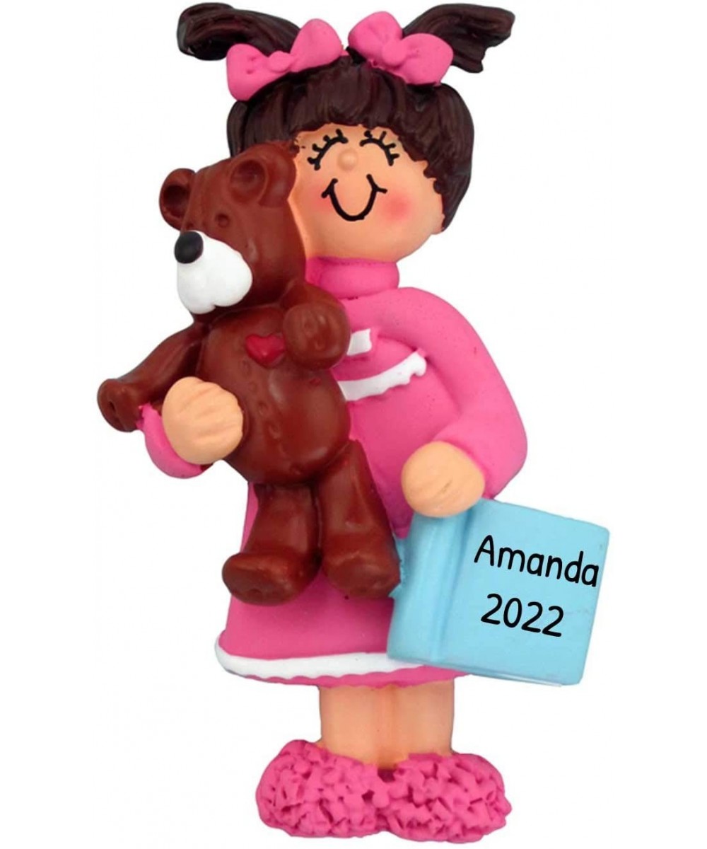 Personalized Child with Teddy Bear Christmas Tree Ornament 2020 - Brunette Toddler Girl Pink Pajamas Sleep Time Story Book Re...
