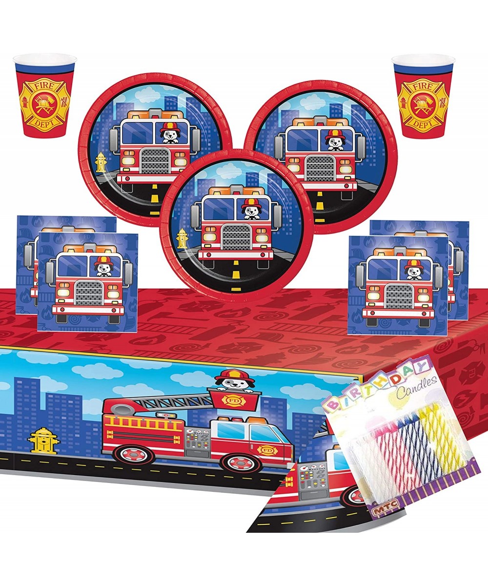 Flaming Fire Truck Party Supplies Pack (Serves-16) Dessert Plates Beverage Napkins Cups and Table Cover with Birthday Candles...