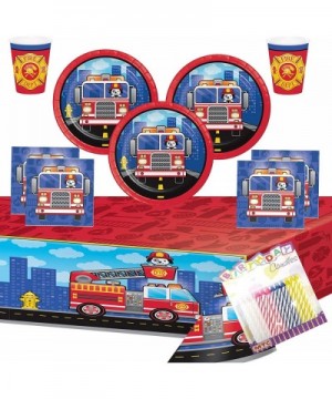 Flaming Fire Truck Party Supplies Pack (Serves-16) Dessert Plates Beverage Napkins Cups and Table Cover with Birthday Candles...