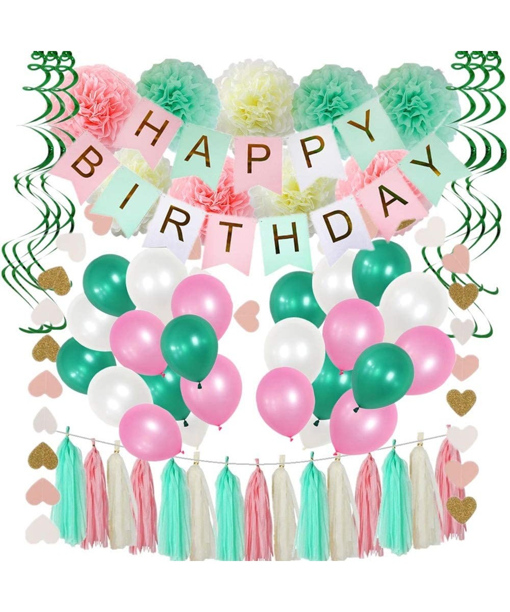 91 Pieces Birthday Party Decorations-Pink And Mint Green Birthday Party Supplies For Women-Happy Birthday Banners-Pom Poms Fl...