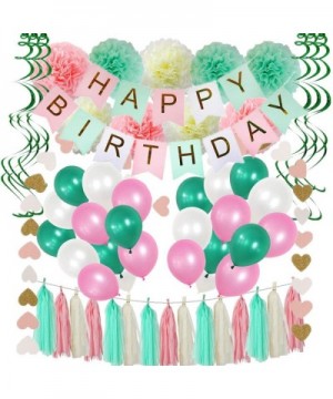 91 Pieces Birthday Party Decorations-Pink And Mint Green Birthday Party Supplies For Women-Happy Birthday Banners-Pom Poms Fl...