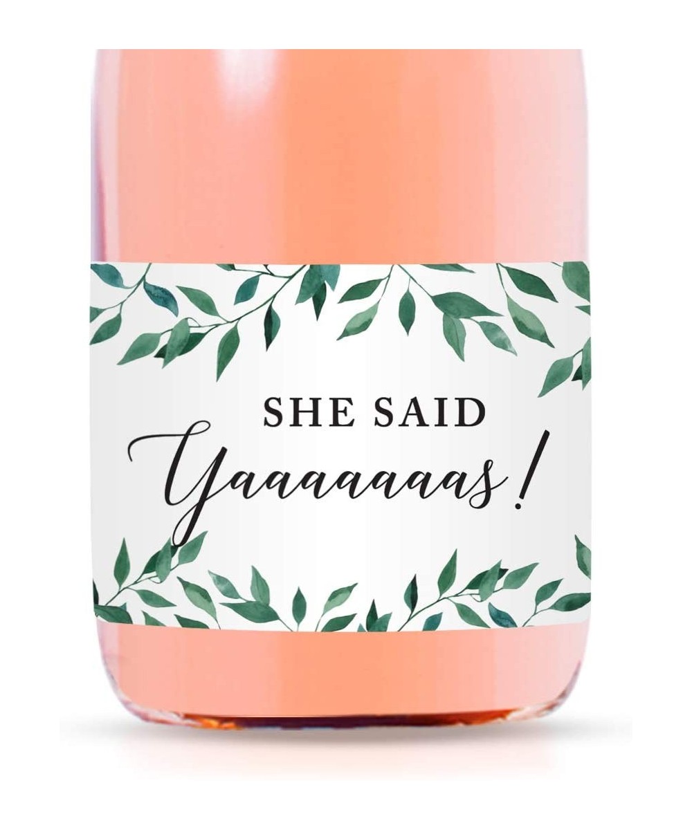 Mini Champagne Wine Bottle Labels- She Said Yaaaaaaas!- Greenery Green Leaves- 20-Pack- Mini Champagne Favor Gift Labels Stic...