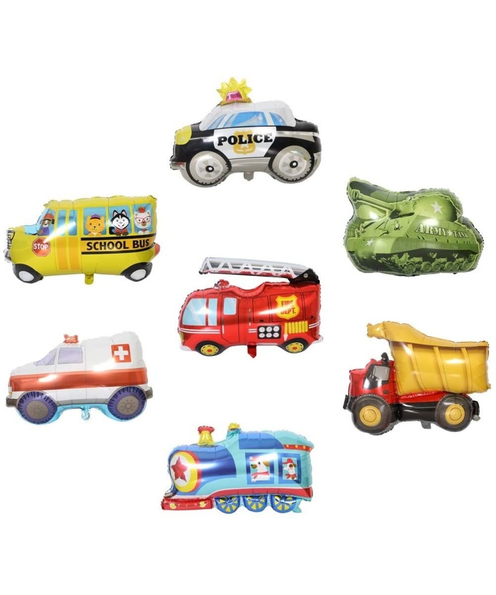 7 Pack Vehicle Balloons Mylar Helium Foil Train School Bus Tank Fire Truck Police Car Ambulance Truck Balloons for Birthday B...