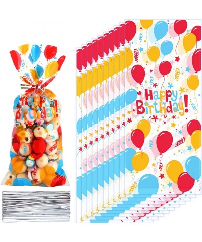 100 Pieces Birthday Party Treat Bags Bright Balloon Print Clear Plastic Cellophane Candy Goodie Gift Bags with 100 Pieces Sil...