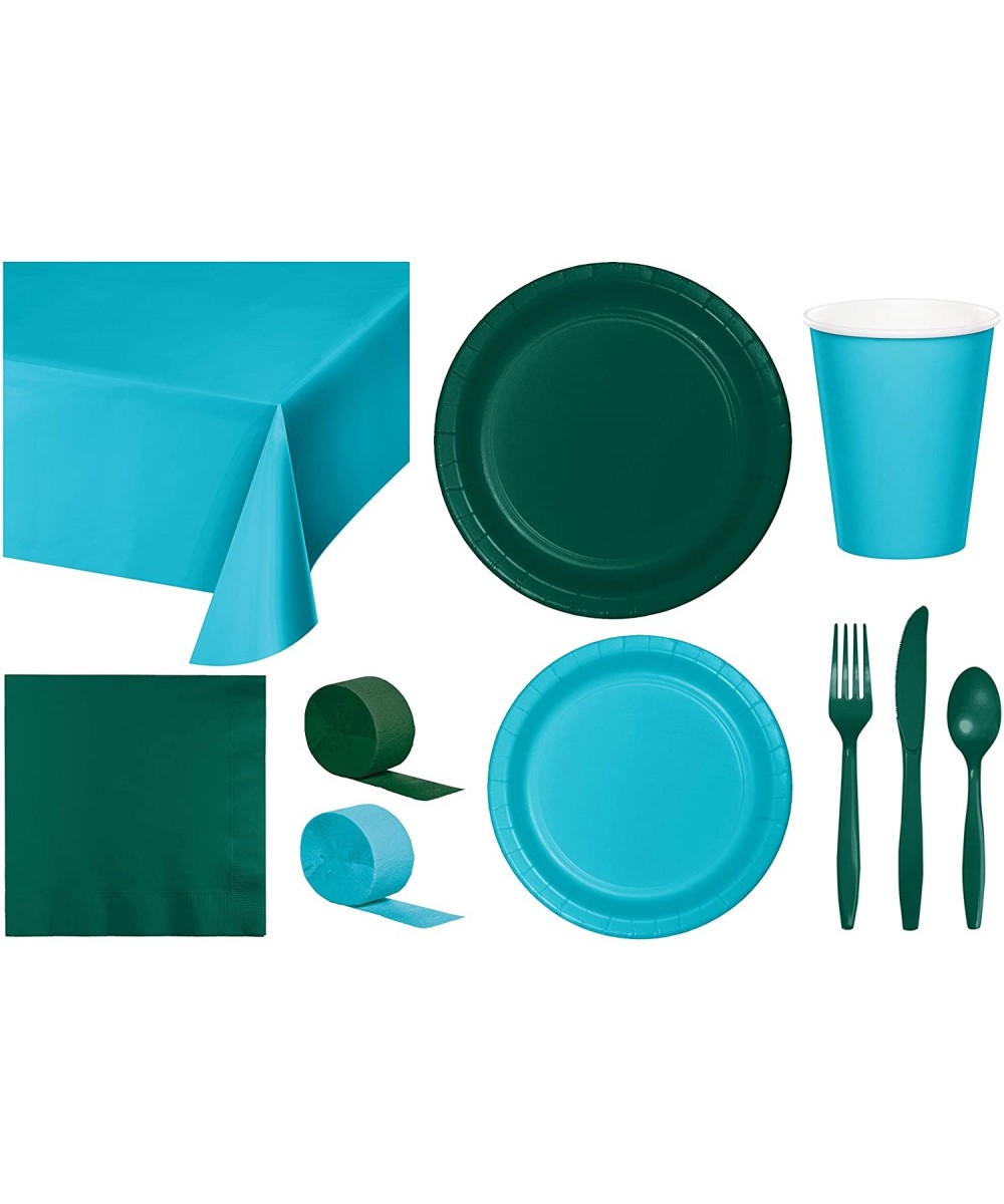 Party Bundle Bulk- Tableware for 24 People Bermuda Blue and Hunter Green- 2 Size Plates Napkins- Paper Cups Tablecovers and C...