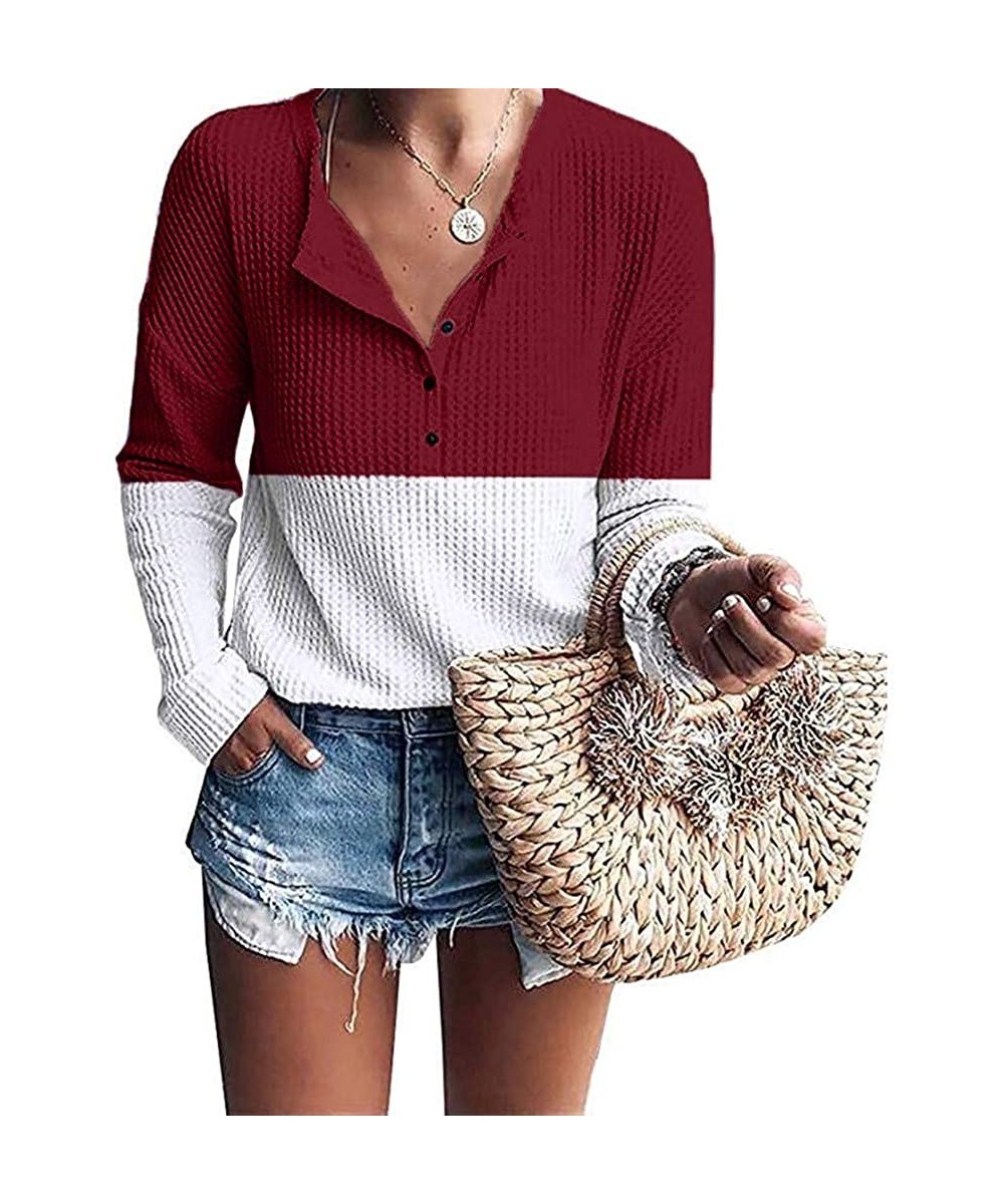 Women's Casual Long Sleeve V Neck Solid Henley Shirt Rib Knit Blouse Button Tunic Tops - 2-red - CL192HZUNE4 $19.65 Cake Deco...