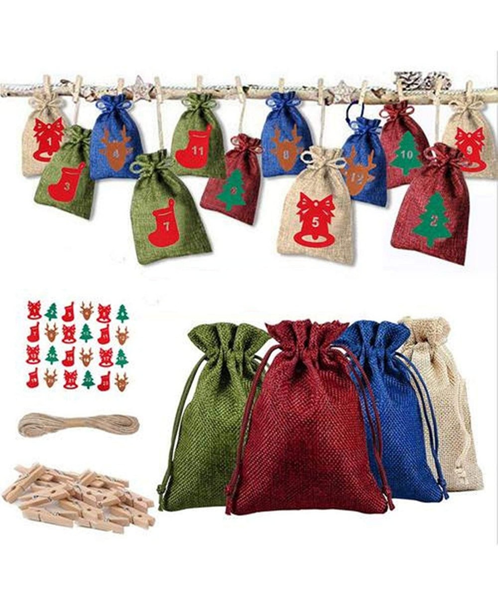 24pcs/Set Christmas Advent Calendar Bags 2020- Burlap Bags with Drawstring- DIY Countdown Calendar Gift Wrapping Hanging Pouc...