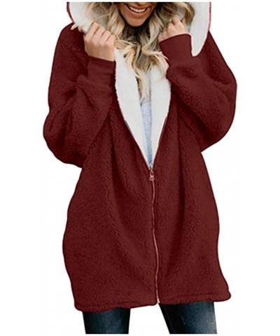 Women Winter Coats Plus Size Solid Zip Down Hooded Jacket Casual Loose Fluffy Coat Cardigans Outwear with Pocket - Wine - CH1...