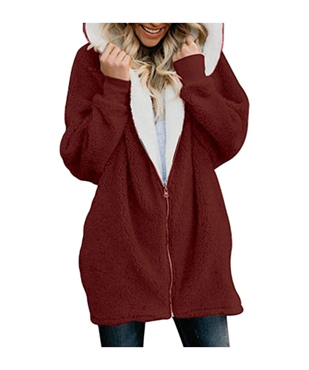 Women Winter Coats Plus Size Solid Zip Down Hooded Jacket Casual Loose Fluffy Coat Cardigans Outwear with Pocket - Wine - CH1...