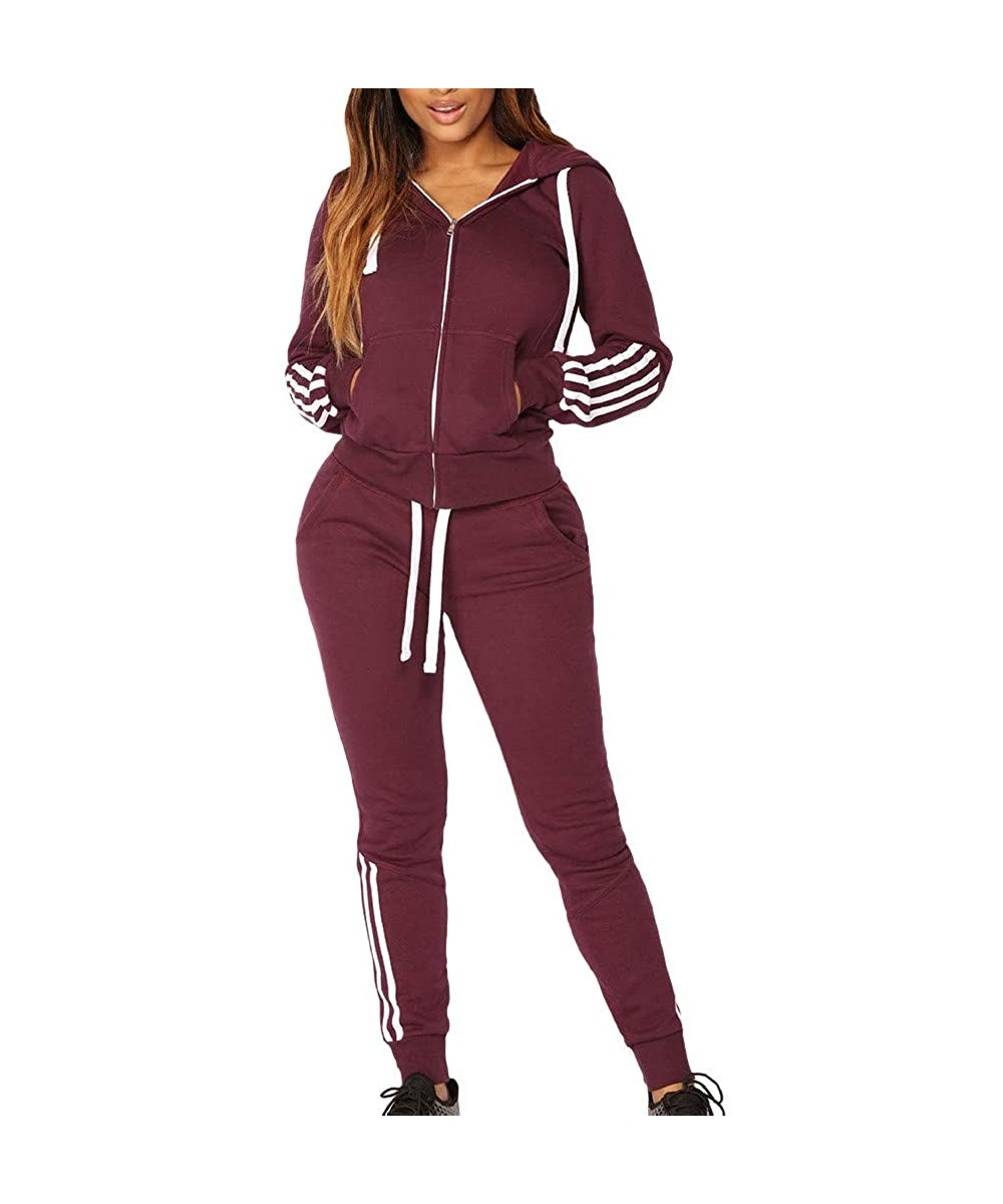 Women Sweatsuit Stripe Tracksuit Sport Suit Set Sports Hooides Soft Elastic Tops+Long Pants Set - Red - CG18LXE6G8X $21.67 Pa...