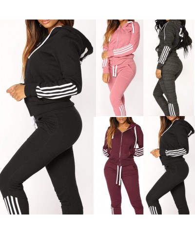 Women Sweatsuit Stripe Tracksuit Sport Suit Set Sports Hooides Soft Elastic Tops+Long Pants Set - Red - CG18LXE6G8X $21.67 Pa...