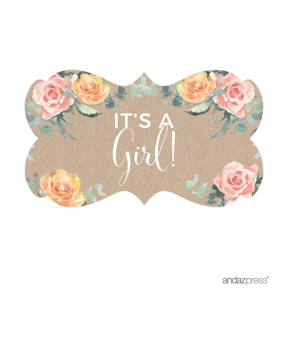 Peach Kraft Brown Rustic Floral Garden Party Baby Shower Collection- Fancy Frame Label Stickers- It's a Girl!- 36-Pack - Labe...