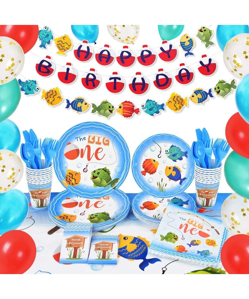 Gone Fishing Birthday Party Supplies Set - Party Decorations & Tableware Kit for Boys Cutlery Bag Table Cover Plates Cups Nap...