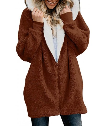 Women Winter Coats Plus Size Solid Zip Down Hooded Jacket Casual Loose Fluffy Coat Cardigans Outwear with Pocket - Coffee - C...