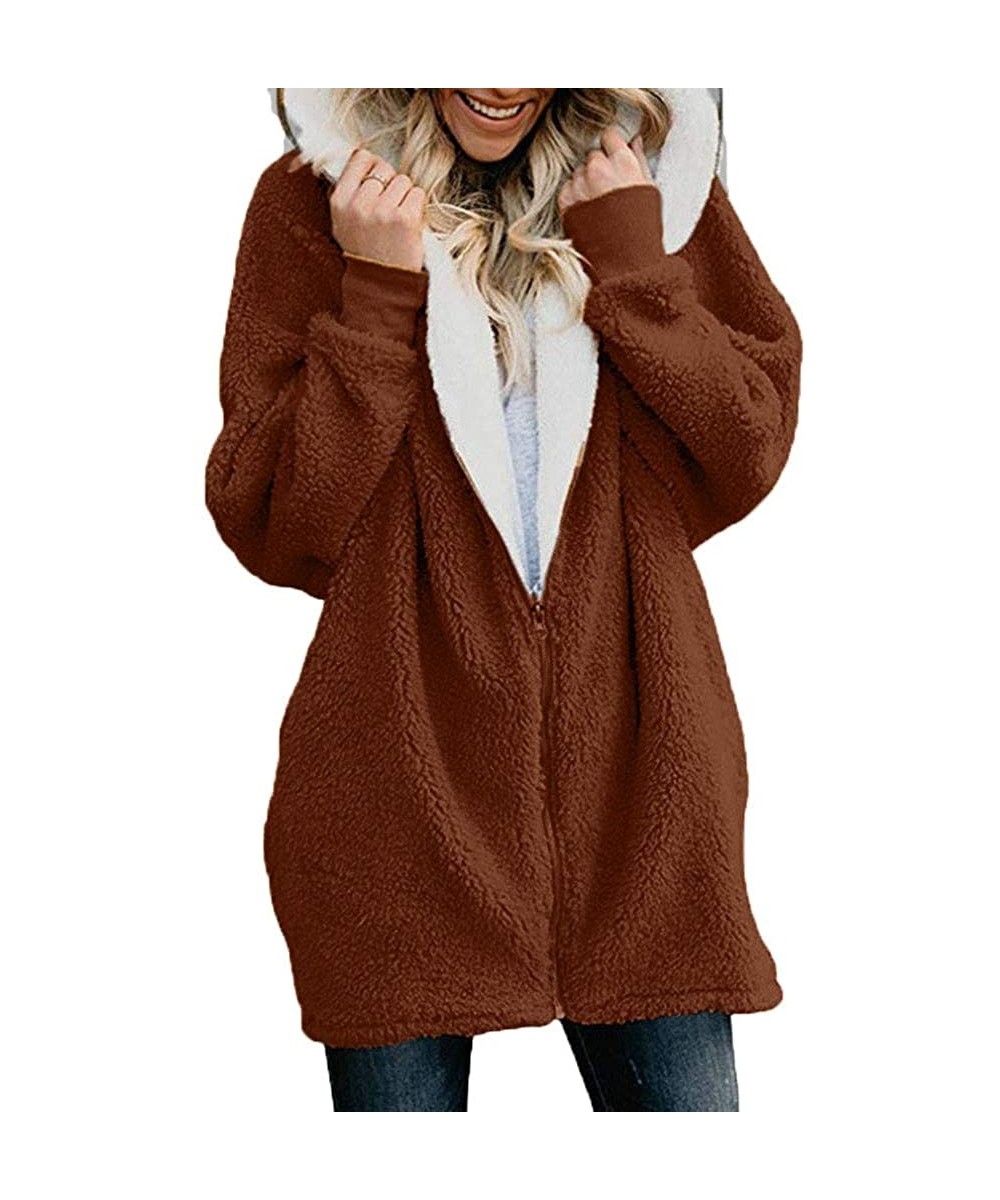 Women Winter Coats Plus Size Solid Zip Down Hooded Jacket Casual Loose Fluffy Coat Cardigans Outwear with Pocket - Coffee - C...