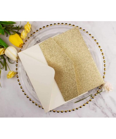 25 set 5"x7.28" Light Gold Glitter Vine Tri Fold Pocketfold Wedding Invitations Cards Laser Cut Hollow Carving Greeting invit...
