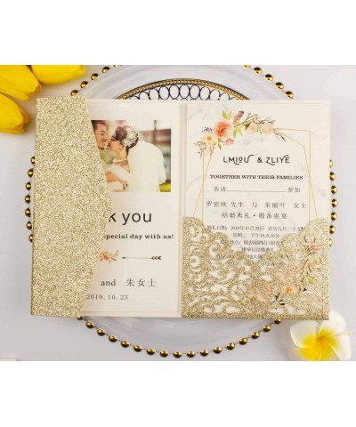 25 set 5"x7.28" Light Gold Glitter Vine Tri Fold Pocketfold Wedding Invitations Cards Laser Cut Hollow Carving Greeting invit...