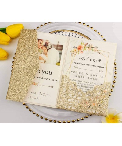 25 set 5"x7.28" Light Gold Glitter Vine Tri Fold Pocketfold Wedding Invitations Cards Laser Cut Hollow Carving Greeting invit...