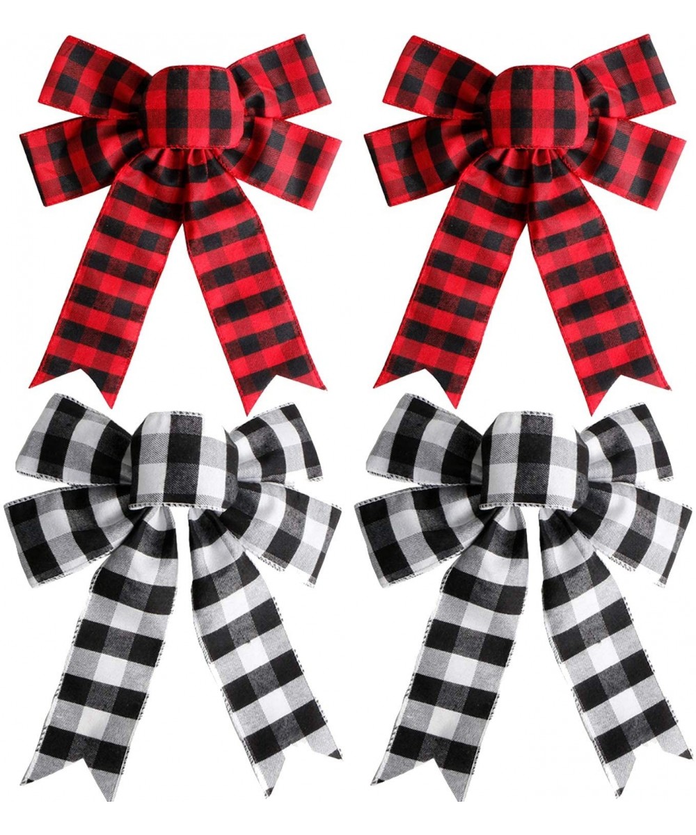 4 Pieces White and Red Buffalo Plaid Christmas Bows Holiday Christmas Wreaths Bows Xmas Christmas Tree Topper Bows for Christ...